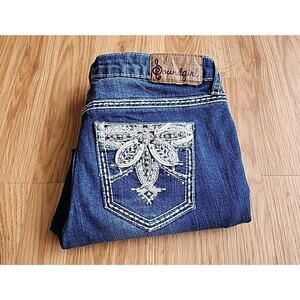 Soundgirl Denim Capri Jeans Sz 5 Embroidered Rhinestones Thick Stitch Distressed